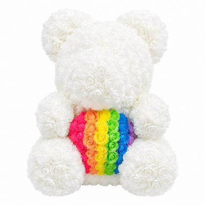 Мишка из роз белый с радужным сердцем (40 см)