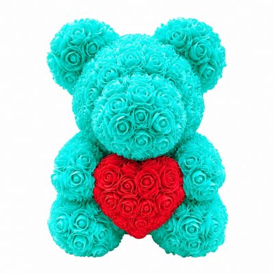 Мишка из роз бирюзовый с красным сердцем (40 см)