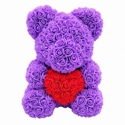 Мишка из роз фиолетовый с красным сердцем (40 см)
