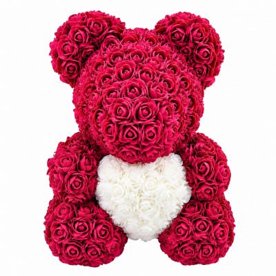 Мишка из роз фуксия с белым сердцем (40 см)