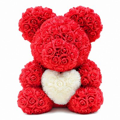 Мишка из роз красный с белым сердцем (40 см)