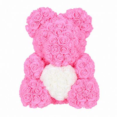 Мишка из роз розовый с белым сердцем (40 см)
